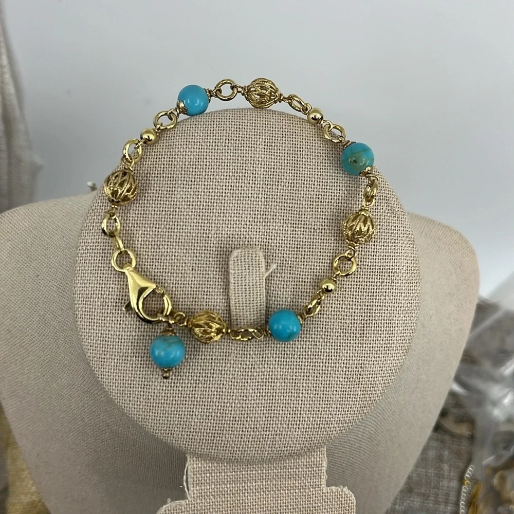 💙 Technibond 18kt Gold & Sterling Silver Turquoise Bracelet - Picture 3 of 13